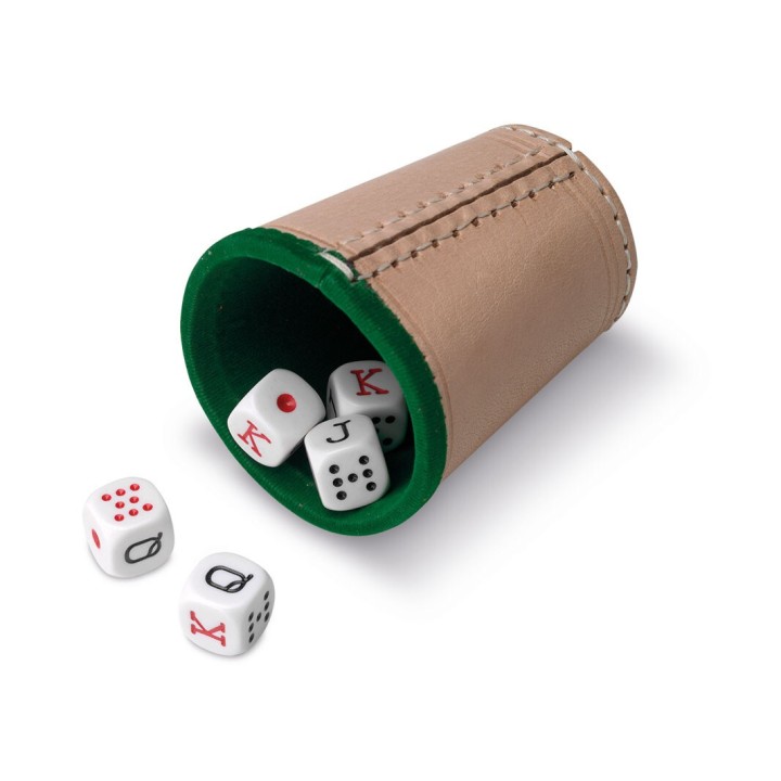 CUBILETE DE CUERO Y 5 DADOS DE POKER DE 16MM