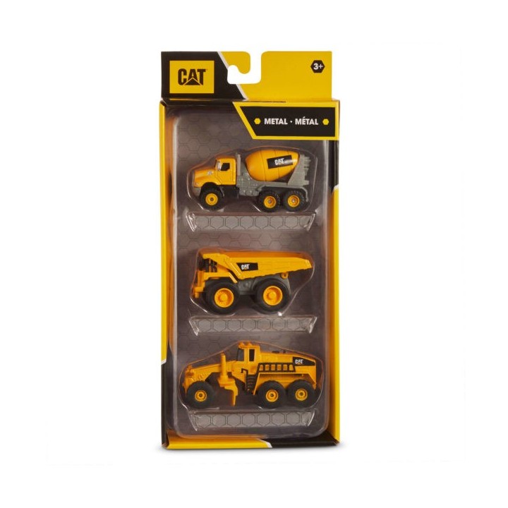 BLISTER 3 VEHICULOS DE METAL CATERPILLAR - CAMION, NIVELADORA Y MEZCLADORA